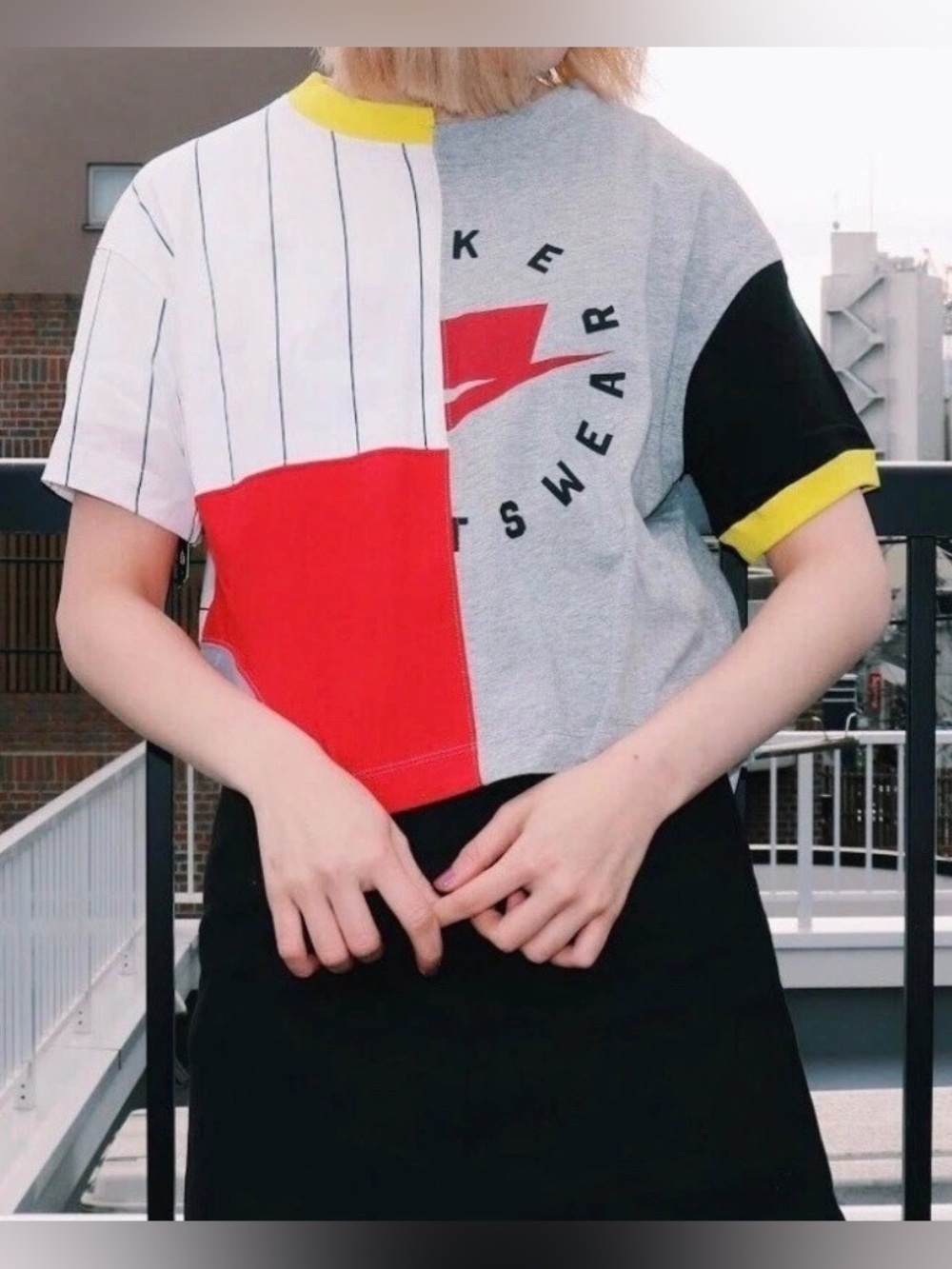 Nike Sportswear 90s Retro Style Streetwear Colorblock Patchwork Crop Tee Top XXL